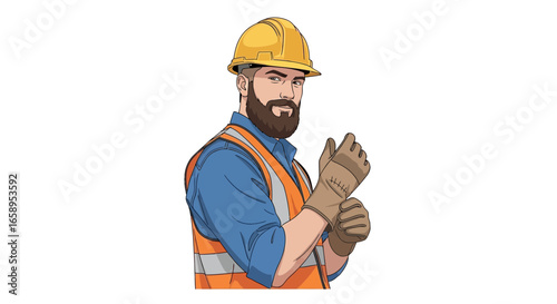 Craftsman in hardhat and safety vest putting on work gloves illustration