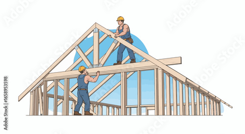 Craftsmen framing the roof structure for a new house with blue sky background