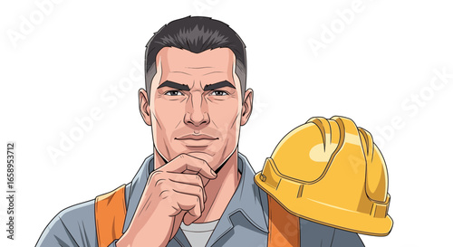 Detailed Illustration of a Pensive Construction Worker with Yellow Helmet