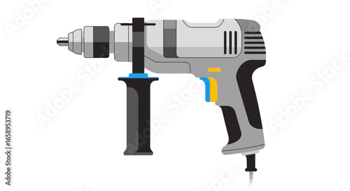 Detailed Illustration of a Power Drill in Minimalist Style on White Background