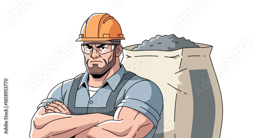 Determined construction worker in safety gear with a large bag of cement