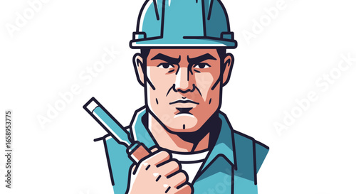 Determined construction worker with chisel, vector illustration design