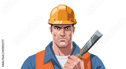 Determined construction worker with chisel showing focus and precision