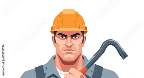 Determined construction worker with crowbar, intense gaze, safety helmet
