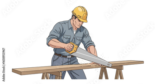 Focused handyman diligently sawing a wooden board in a workshop