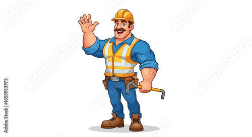 Friendly cartoon construction worker waves hello with construction bar in hand