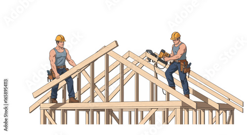 Illustrated construction workers assembling roof trusses wearing safety helmets