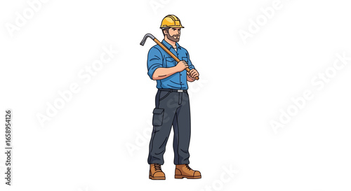 Illustration depicting a construction worker wearing a hard hat holding bar