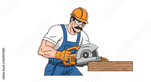 Illustration of a construction worker character cutting wood with saw tool