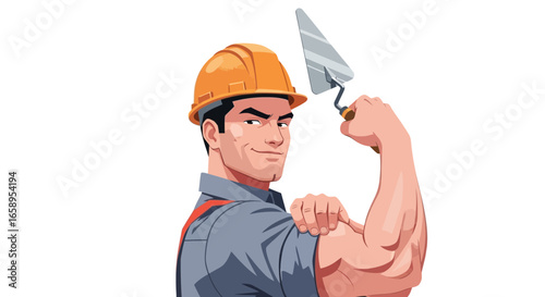 Illustration of a construction worker flexing biceps, wearing helmet