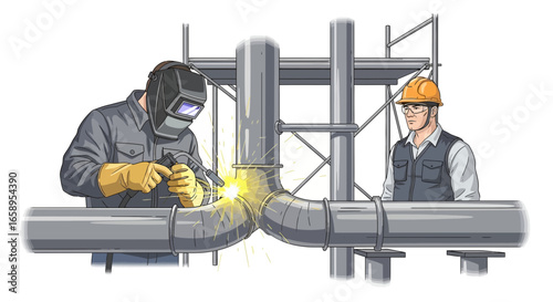Illustration of Welder Joining Pipes under Supervision on Construction Site