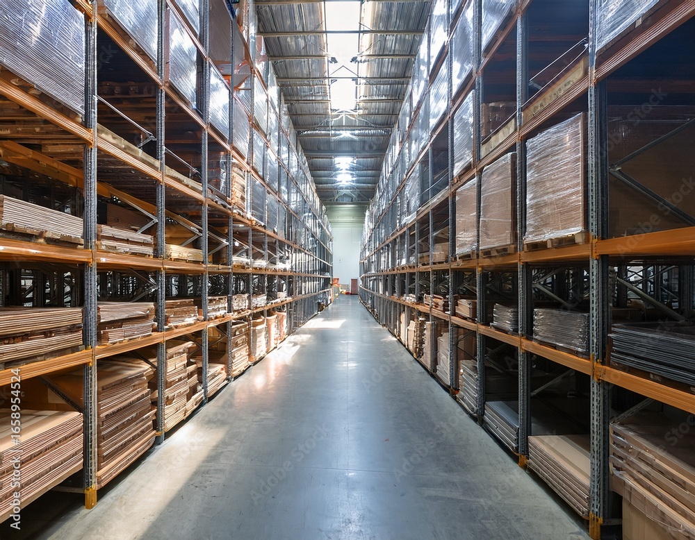 Fototapeta premium spacious warehouse aisle with stacked shelving units