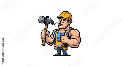 Illustrative construction worker striking pose with hammer and whistle symbol