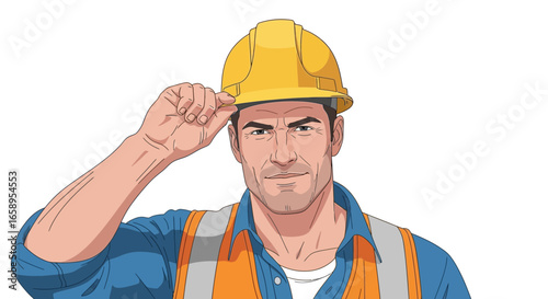 Illustrative Construction Worker Tipping Hard Hat Isolated on White Backdrop