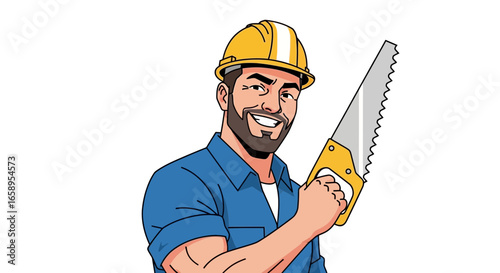 Illustrative Construction Worker with Hand Saw and Cheerful Expression