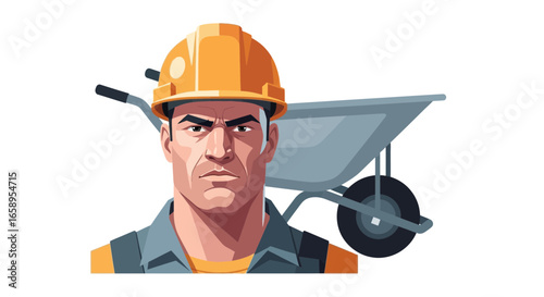 Intense construction worker with helmet and wheelbarrow in minimalist style