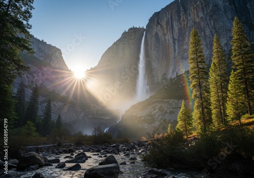 Bridalveil Fall Waterfall with Rainbow in Mist and Dramatic Backlighting