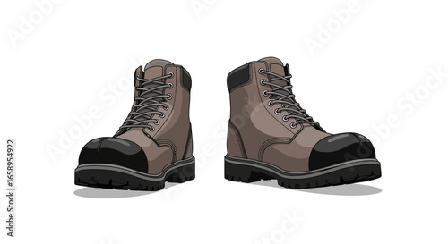 Pair of illustrated robust working boots with laces on a clean white view