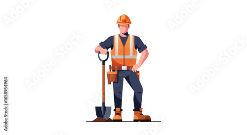 Professional construction worker with shovel, safety equipment illustration