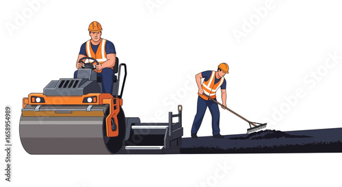 Road construction crew working using asphalt compactor and hand tools