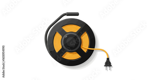Retractable extension cord reel in flat vector style on white backdrop