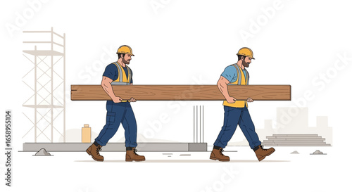 Skilled construction workers collaboratively carrying heavy timber plank together