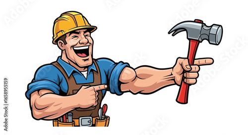 Smiling cartoon builder promoting tools, construction or hardware business