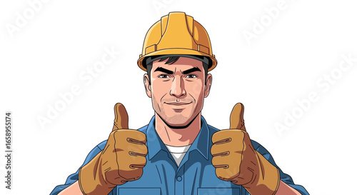 Smiling construction worker in hardhat giving thumbs up, excellent work
