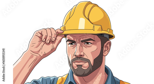Stylized Cartoon of a Construction Worker Adjusting His Hard Hat Isolated