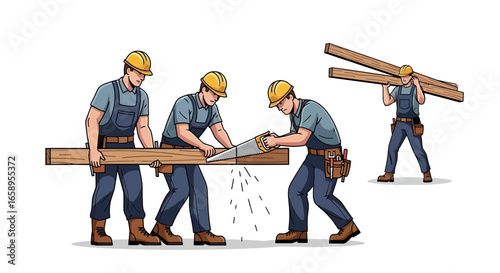 Teamwork and collaboration in a construction project with four carpenters