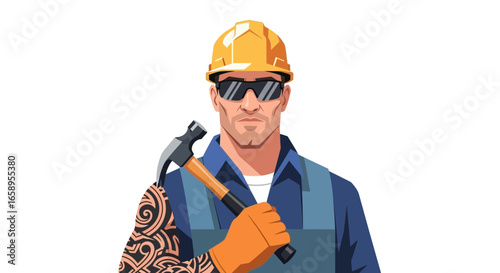 Tattooed builder wearing hardhat, protective glasses and holding a hammer