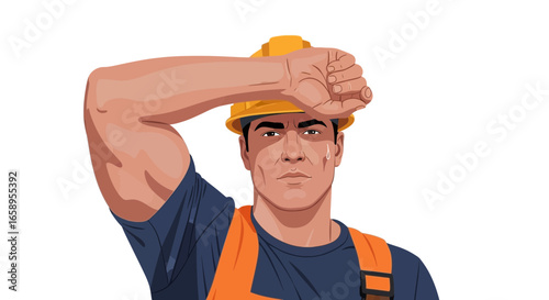 Tired construction worker wipes sweat off his forehead illustration