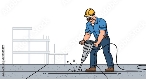 Animated construction worker drilling concrete with a jackhammer tool