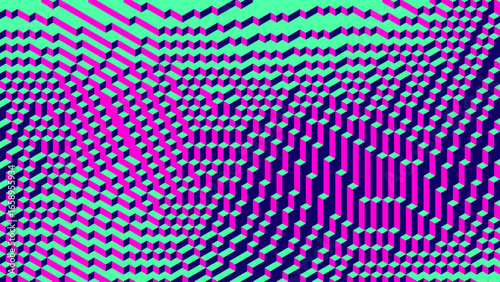 Futuristic geometric voxel pattern made of cubes in axonometric perspective with bright bold contrasting neon colors. Voxel cubes with cyan pink purple tones forming an optical and geometric illusion