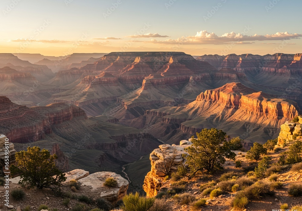 Fototapeta premium Grand Canyon Wide Panorama at Golden Hour with Warm Sunlight and Rocky Textures