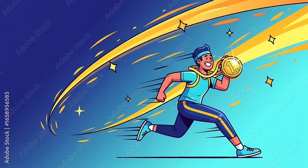 Fototapeta premium Cartoon athlete running with gold medal against a starburst background