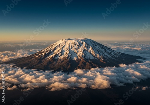 Kilimanjaro Snowy Summit Glowing in Morning Sun Above Savannah Cloud Line
