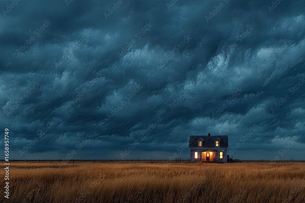 Fototapeta premium A solitary farmhouse bathed in the warm light of its interiors, silhouetted against a dramatic, stormy sky over a golden field
