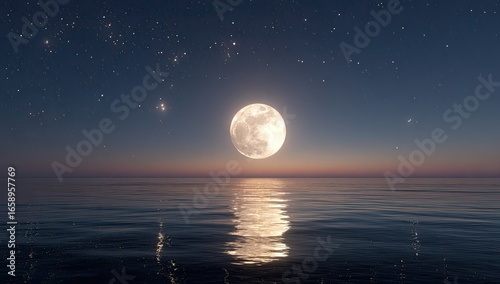 Full moon over calm sea at night