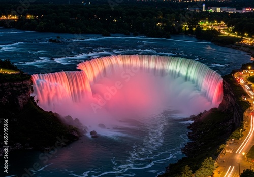 Night Aerial View of Niagara Falls Lit with Colorful Lights and Glowing Water