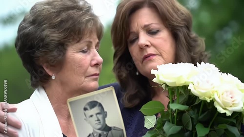 Two grieving women embrace and comfort each other, holding a vintage photograph of a soldier and a bouquet of white roses.