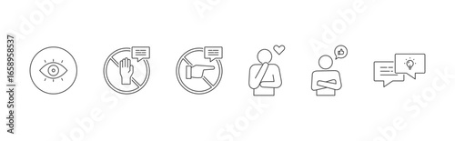 Active Listening vector icon set with pay attention, don`t interrupt, withhold judgement, show empathy, show interest and share icon concept illustration.
