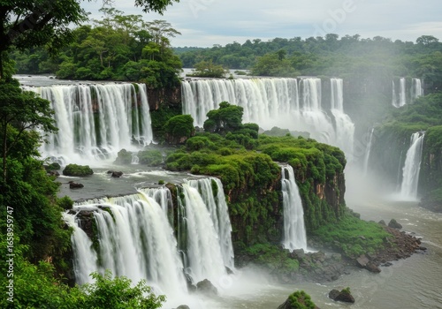 Side Angle Dramatic View of Iguazu Falls with Cascading Water Streams and Lush Rainforest