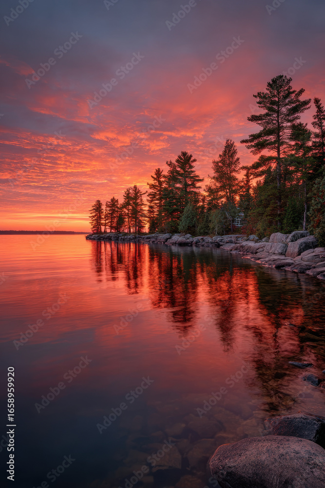 Obraz premium stunning sunset over tranquil lakes of canada reflecting ultrabright hues across water