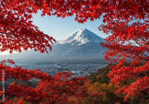 Wide View of Mount Fuji in Autumn with Red Maple Trees in Bright Daylight