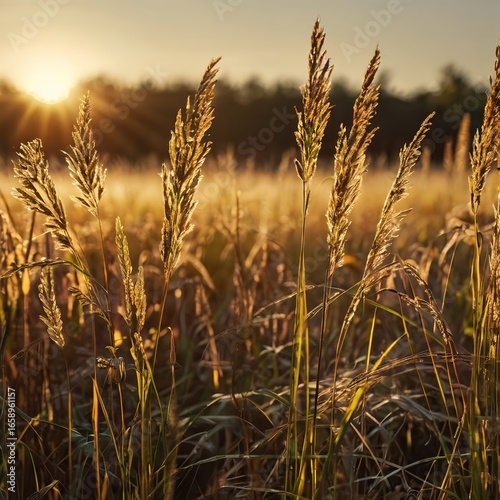 Golden sunlight on wild grass meadow during sunset