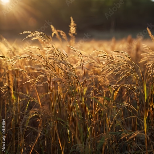 Golden sunlight on wild grass meadow during sunset