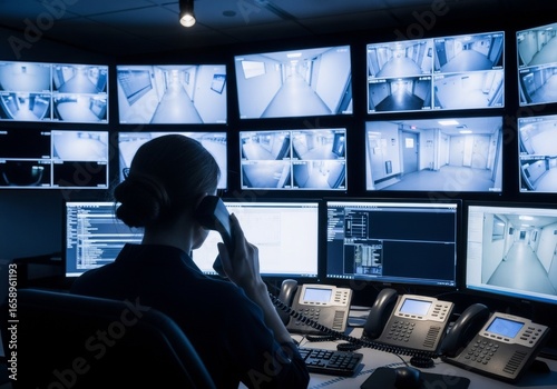 Woman security operator monitoring cctv footage on multiple screens, talking on phone. Surveillance and control room concept.