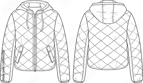 Quilted hooded jacket front and back view, diamond stitch pattern, zipper closure, flap pockets, fashion cad sketch, technical garment vector illustration