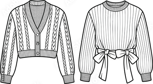 Cardigan and pullover sweater front view, cable knit and ribbed texture, waist bow tie detail, fashion flat sketch, cad garment vector illustration
